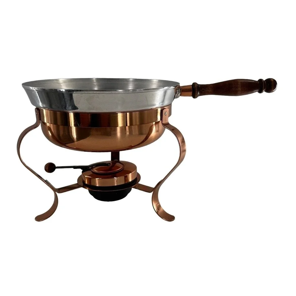 Iron and Copper Chafing‎ Dish Fondue Pan Set Wooden Handle Lightweight No Lid
